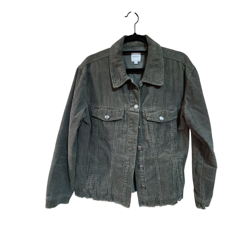 Kensie Green Corduroy Button-Front Jacket With Raw Hem Womens S